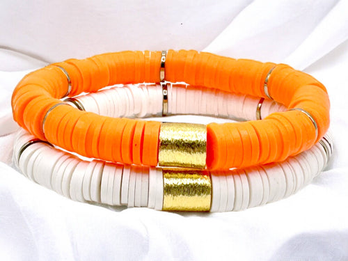 Orange and White Tennessee Heishi Bead Bracelet Stack