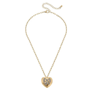 Rylan Pavé Bow Heart Pendant Necklace in Worn Gold