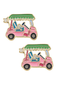 Sydney Enamel Golf Cart Stud Earrings in Pink & Green