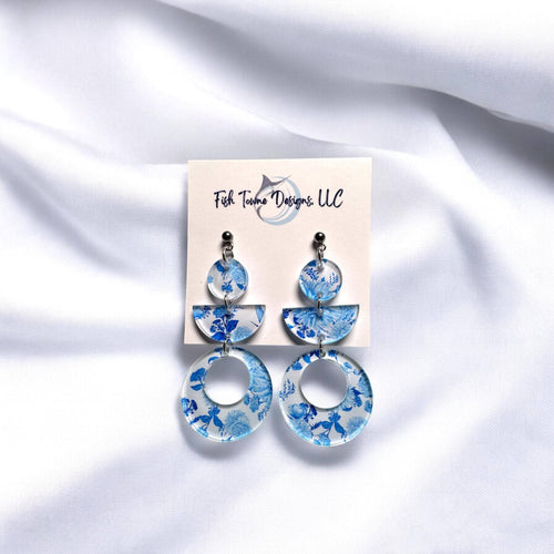 Santorini-Inspired Blue Floral Acrylic Statement Earrings