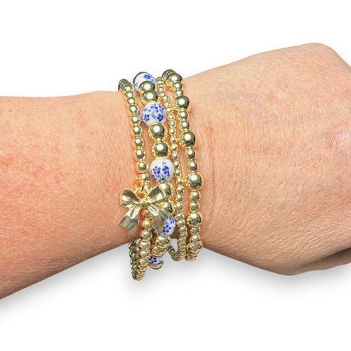 Gold and Chinoiserie Beaded Bracelet Stack