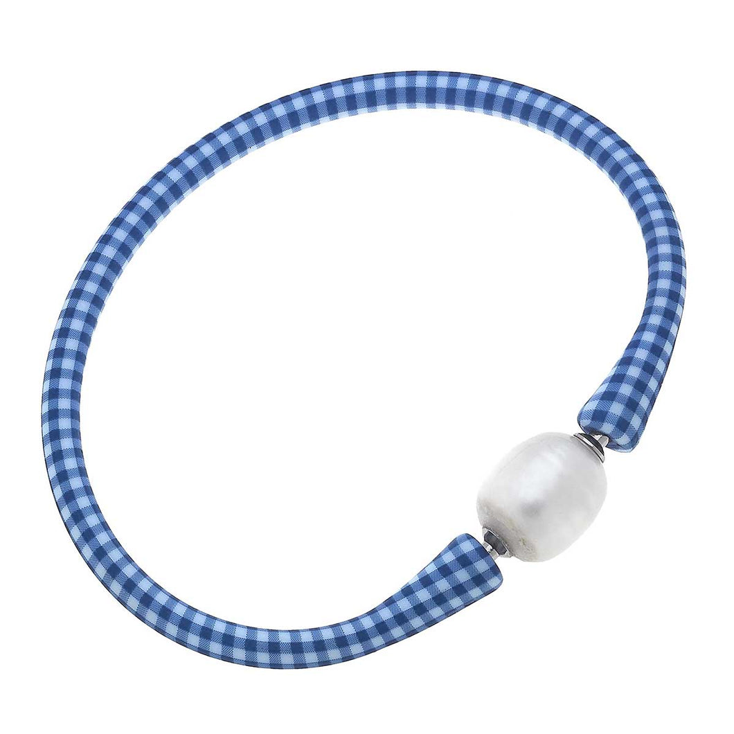 Bali Freshwater Pearl Silicone Bracelet in Blue Gingham