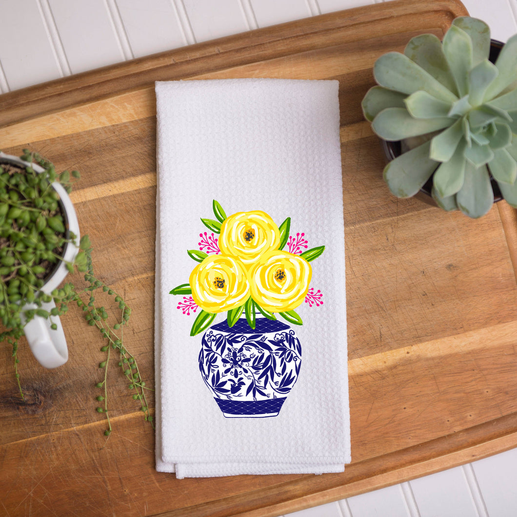 Yellow Floral Blue Vase Kitchen Dish Towel