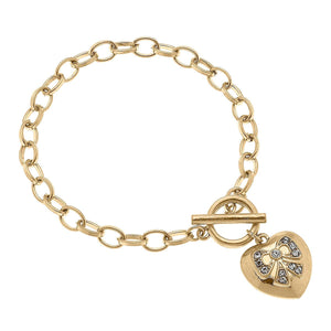 Rylan Pavé Bow Heart Charm T-Bar Bracelet in Worn Gold