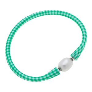 Bali Freshwater Pearl Silicone Bracelet in Green Gingham