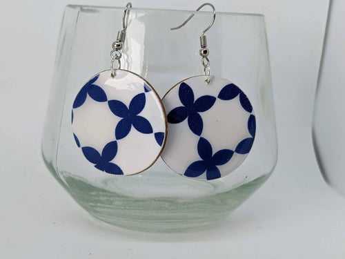 Blue & White Wood Round Earring