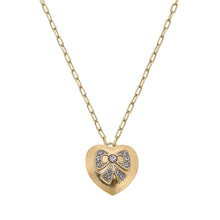 Load image into Gallery viewer, Rylan Pavé Bow Heart Pendant Necklace in Worn Gold