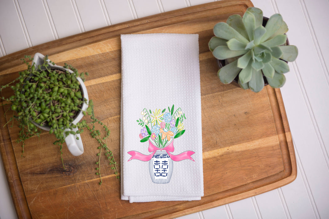 Pink Bow Bouquet Kitchen Waffle Dish Towel