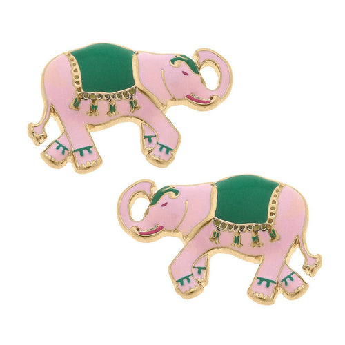 Livy Enamel Elephant Stud Earrings in Pink & Green