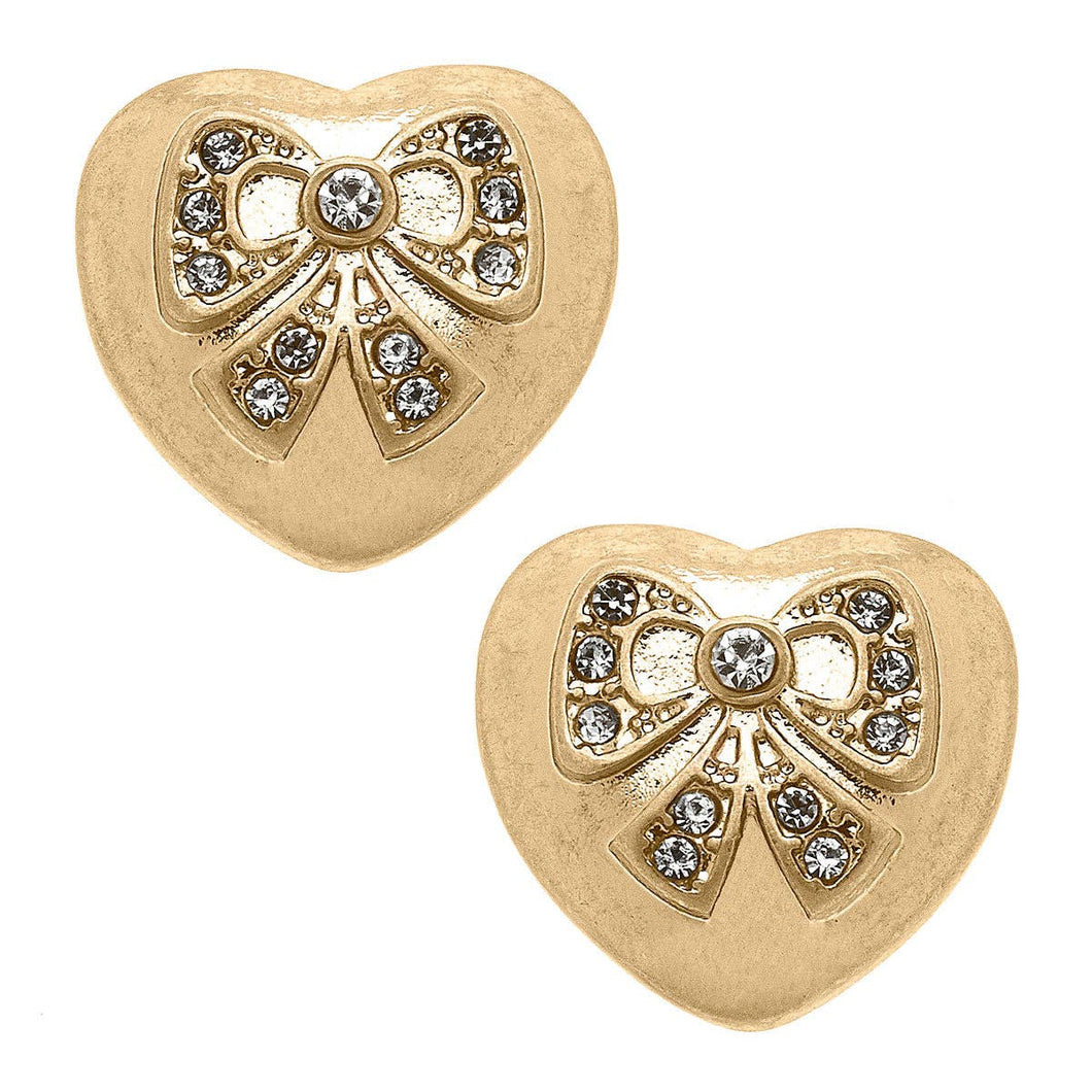 Rylan Pavé Bow Heart Stud Earrings in Worn Gold